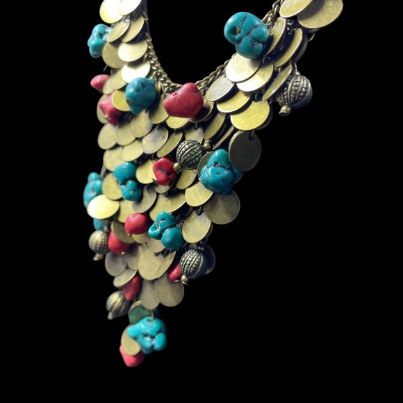 Boho Coin Statement Necklace Turquoise Coral Skull Beads Festival Jewelry Gothic - Picture 5 of 7